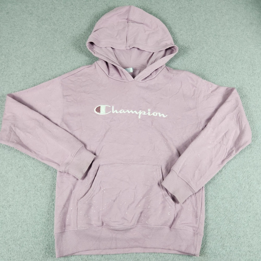 Champion Hoodie Girls L 14 Purple Fleece Lined Kangaroo Pocket Regular Fit Logo